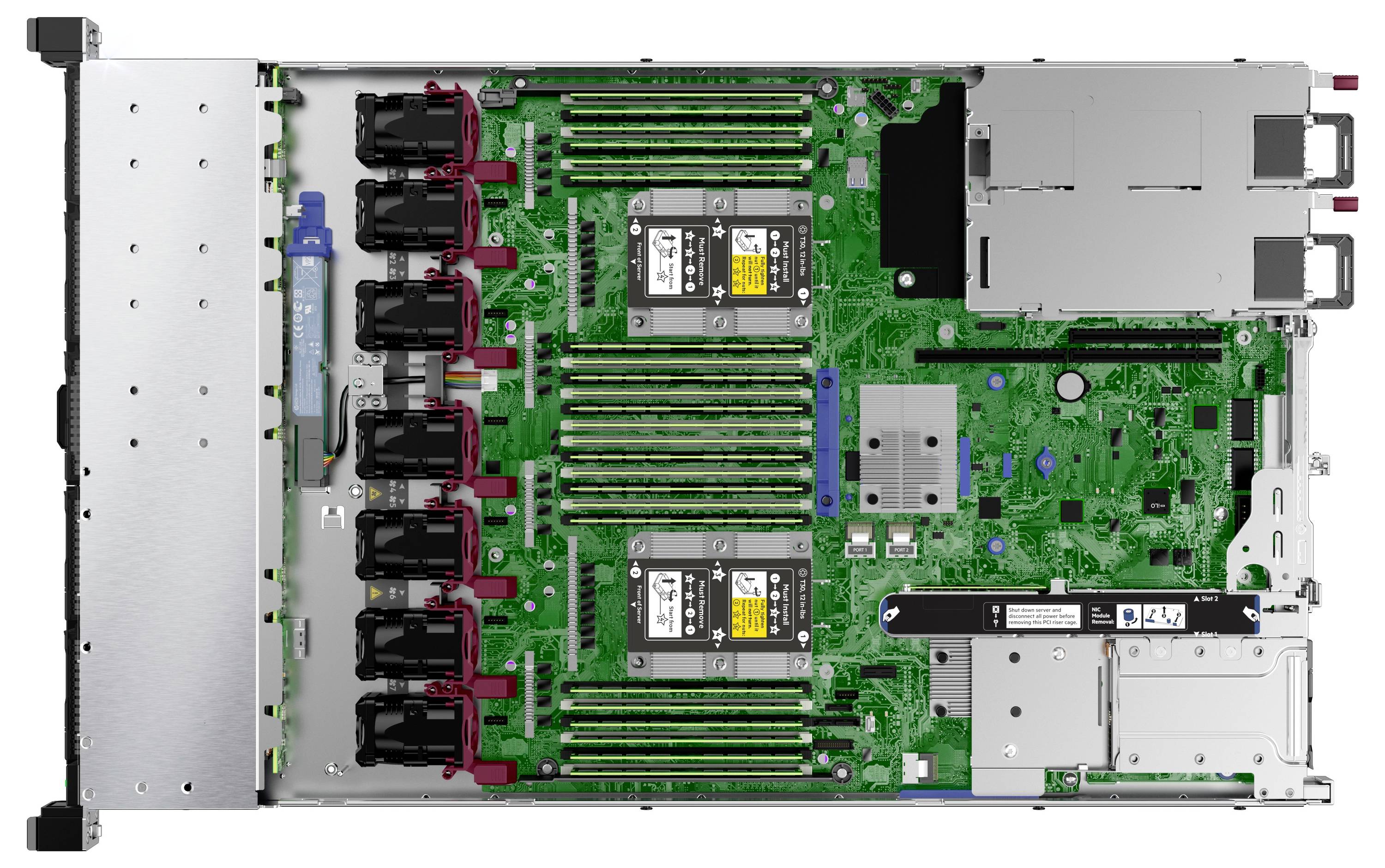 Draufsicht einer Computer-Server-Hauptplatine mit mehreren RAM-Steckplätzen, CPUs und sichtbaren Speicherlaufwerken, die interne Komponenten präsentiert.