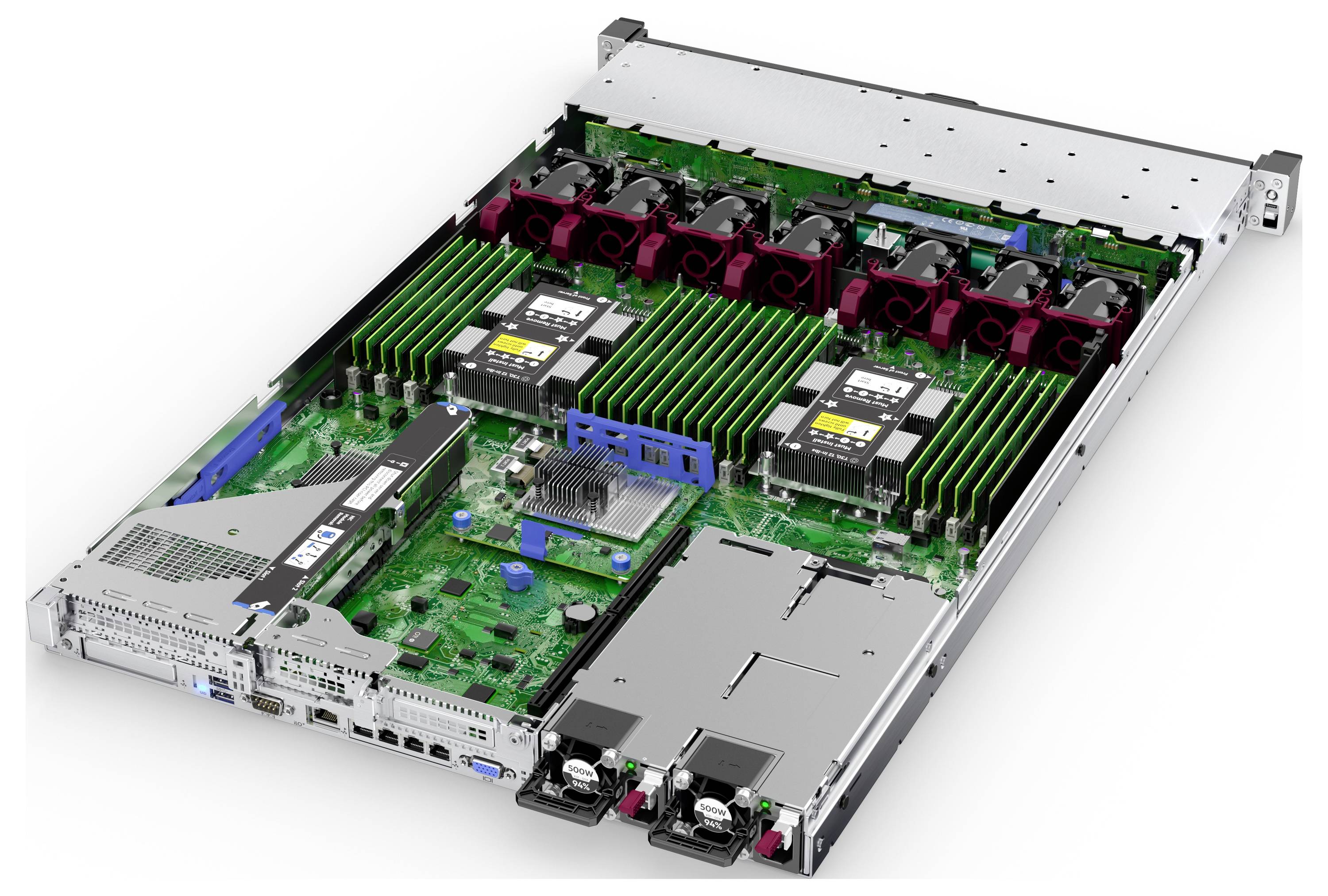 Ein offenes Computer-Server-Gehäuse zeigt mehrere Kühlventilatoren, Reihen von RAM-Modulen und Leiterplatten mit komplexen Komponenten im Inneren.