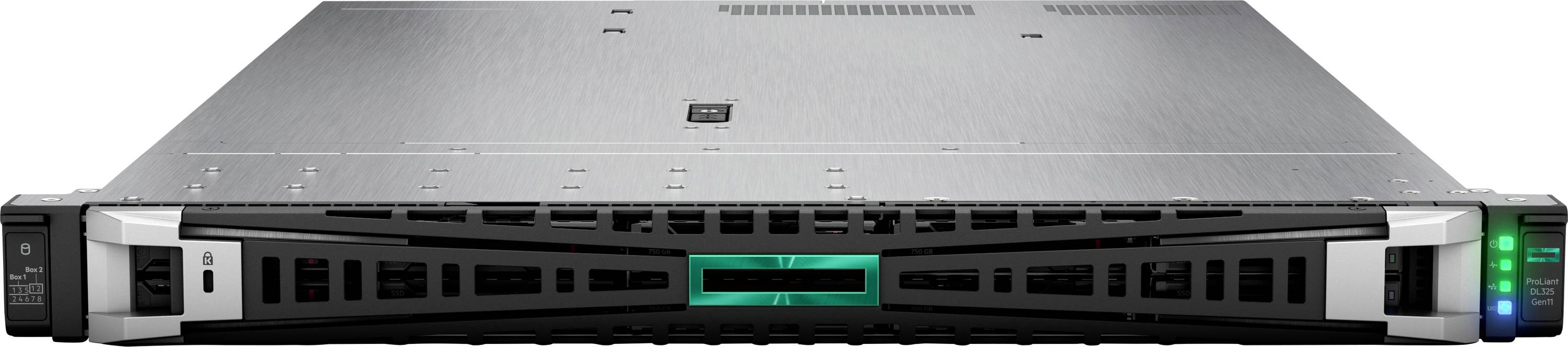 Eine metallische Servereinheit mit elegantem Design, ausgestattet mit einer Frontplatte mit LED-Anzeigen und Belüftung zur Kühlung.