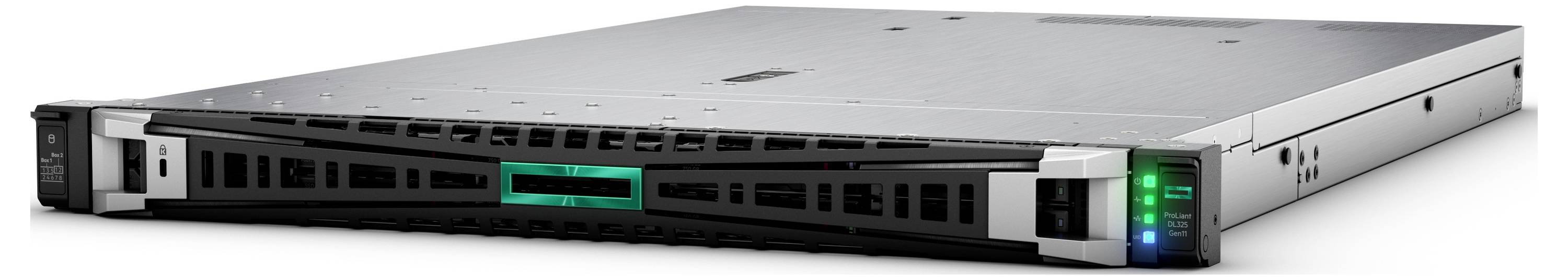 Ein schlanker, silberner Rack-Server mit grünen und blauen Anzeigelichtern auf der Frontplatte, der für Rechenaufgaben und Datenspeicherung verwendet wird.