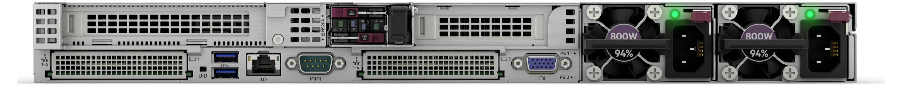 Eine Serverrack-Rückansicht mit zwei Lüftern, mehreren Anschlüssen und Steckplätzen für Konnektivität in einer Rechenzentrumsumgebung.