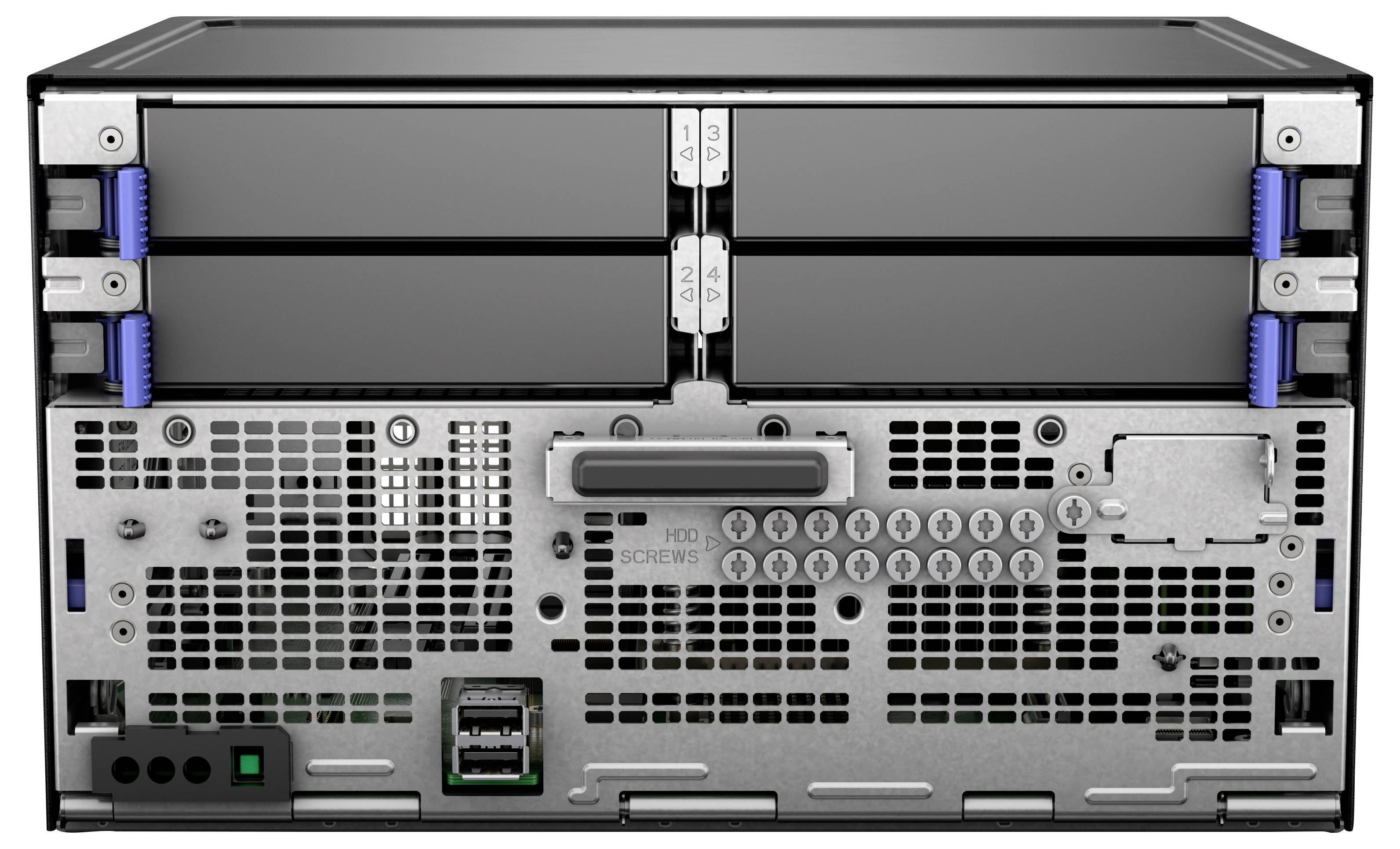 Rückansicht eines Servers mit sichtbaren Anschlüssen und Lüftungsgittern, mit vier durch Schrauben gesicherten Schlitzen, die für Hardware-Upgrades konzipiert sind.