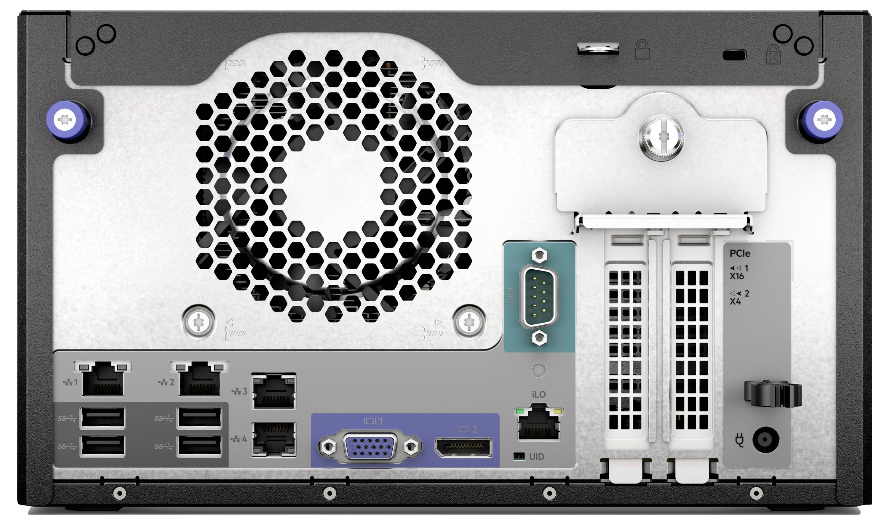 Das Bild zeigt die Rückseite eines Computers mit mehreren Anschlüssen, darunter USB-, VGA- und serielle Anschlüsse, sowie Erweiterungssteckplätze und einen Kühlventilator.