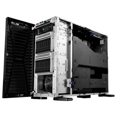 Geöffneter Computer-Server, der interne Komponenten wie Festplatten, Kühlventilator und Schaltkreise zeigt; veranschaulicht Hardwarekonfiguration und Speicherkapazität.