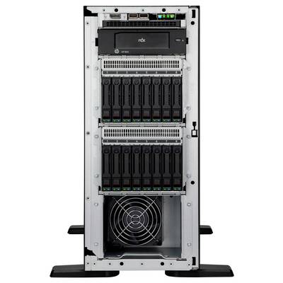 Ein Server-Turm mit mehreren Festplattenschächten, einem Kühlventilator am unteren Ende und Anzeigeleuchten. Er scheint für Datenspeicherung und -verwaltung konzipiert zu sein.