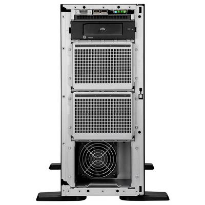 Ein Computerserver-Turm, von vorne geöffnet, mit zwei großen Lüftungsschlitzen, einem Laufwerksschacht oben und einem Kühlventilator unten.