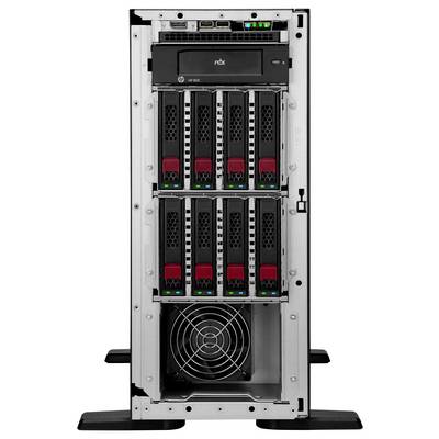 Ein Serverturm mit mehreren Festplattenschächten und einem Kühlventilator, der für Datenspeicherung und -verwaltung in der IT-Infrastruktur verwendet wird.
