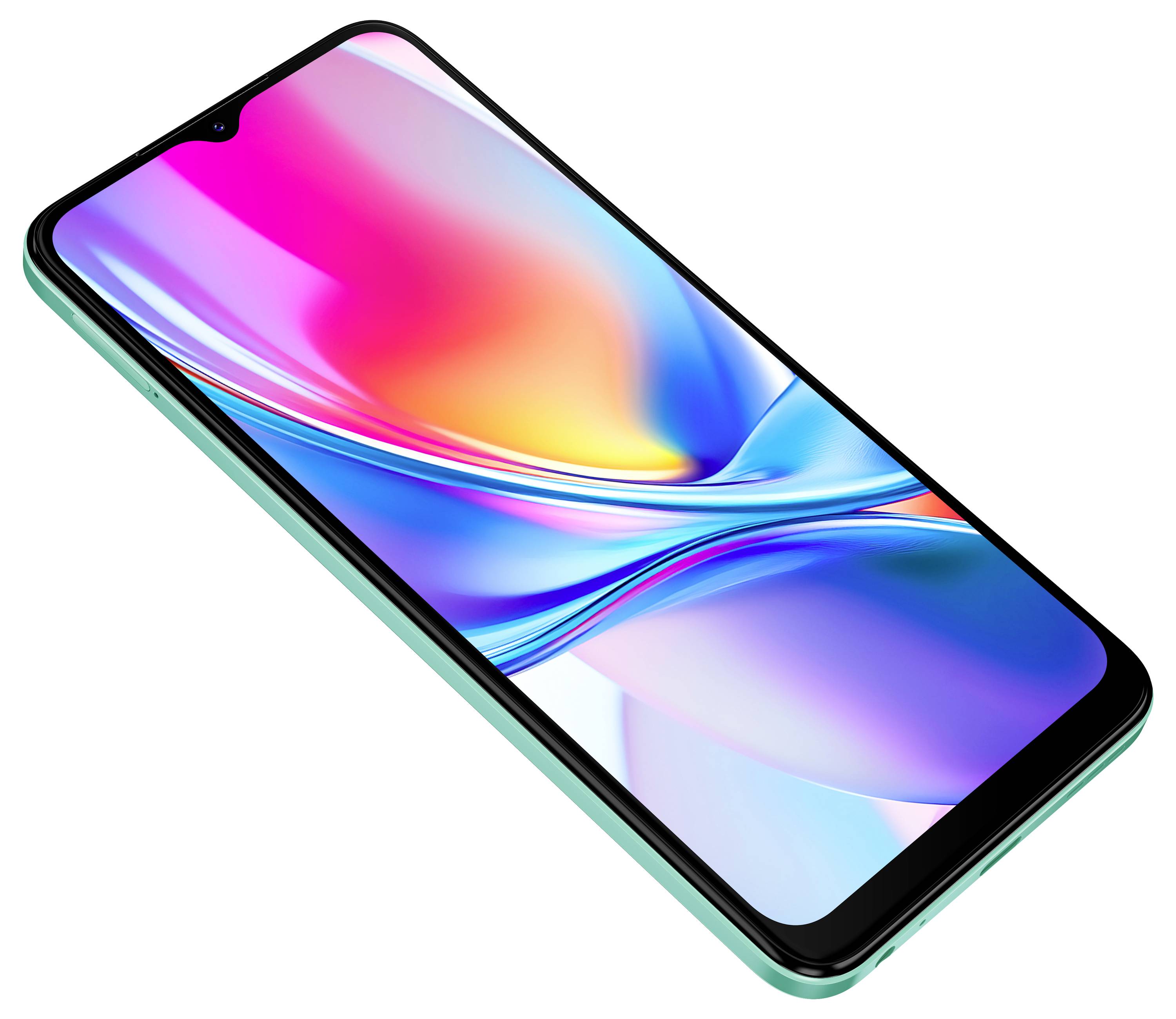 Ein Smartphone mit einem lebendigen, farbenfrohen Display, das ein dynamisches abstraktes Design zeigt.