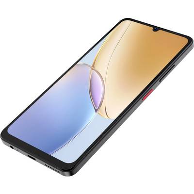 Smartphone mit orange-blauem abstraktem Hintergrund, großem Touchscreen, schwarzem Gehäuse und roter Taste an der Seite.