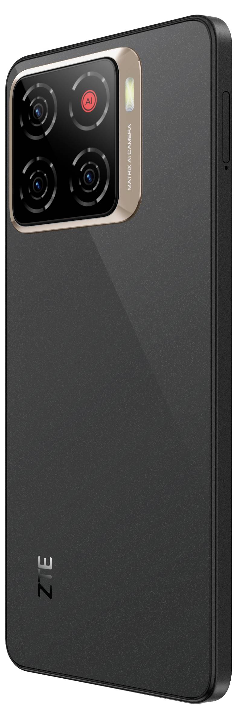 Ein Smartphone mit einer Quad-Kamera-Ausstattung und einem eleganten schwarzen Design. Der Markenname ist nahe dem unteren Rand sichtbar.