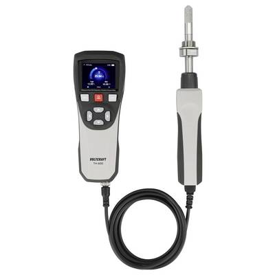 Handgehaltenes digitales Thermometer mit angeschlossenem Messfühler, Temperaturanzeige auf dem Display, mit der Bezeichnung 'Voltcraft TH-200'.