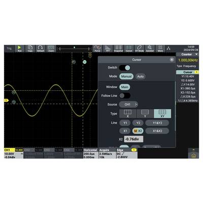 Ein Oszilloskop-Bildschirm zeigt eine Wellenform in Gelb. Ein Einstellungsfenster zeigt Cursordetails: Frequenz auf 1.000 kHz eingestellt, mit variablen Optionen.