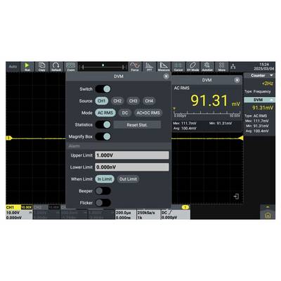 Oszilloskop-Anzeige mit einer Wellenform. DVM-Panel mit Schaltereinstellungen, RMS-Wert 91,31 mV. Alarmschwellen auf 1,000 V und 0,000 V eingestellt.