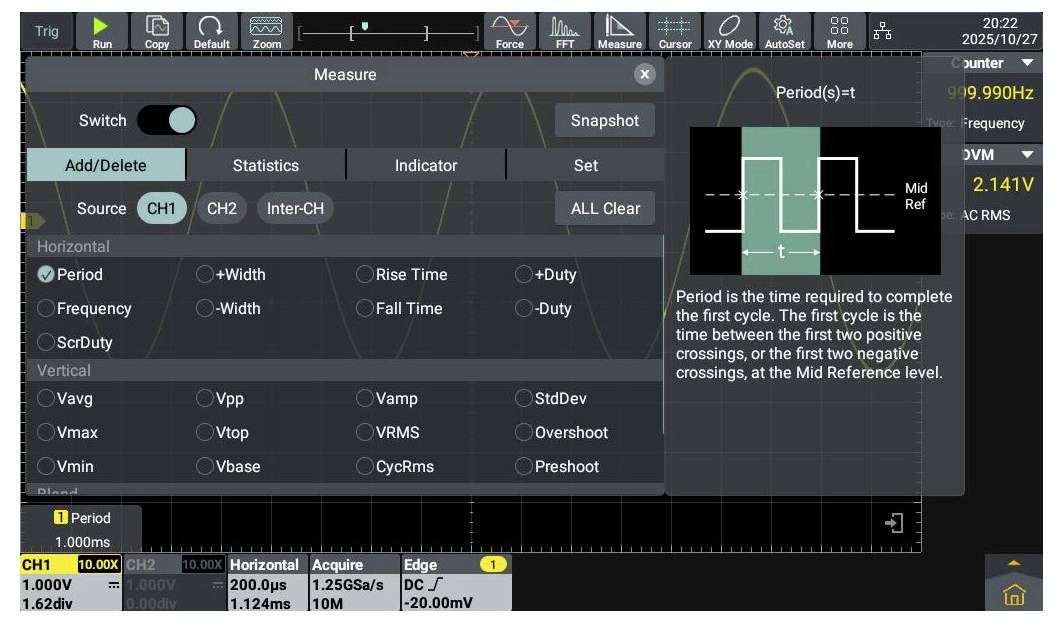 Ein digitales Oszilloskopbildschirm zeigt Wellenmessungen mit Informationen zu 'Periode' und 'Mittlerer Referenz' zur Analyse der Signaltiming.