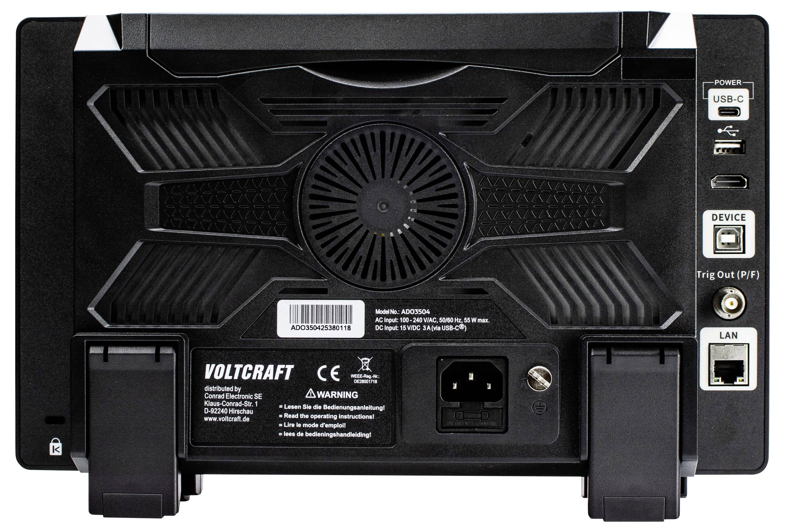 Rückansicht eines Geräts mit Anschlüssen einschließlich USB-C, Stromversorgung, LAN und Triggerausgang. Enthält einen zentralen Lüfter und das Herstelleretikett.