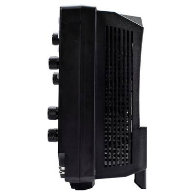 Ein schwarzes elektronisches Gerät mit fünf Knöpfen an der Seite und Belüftungsöffnungen zur Kühlung, höchstwahrscheinlich ein Gitarren-Verstärker oder ähnliche Audioausrüstung.