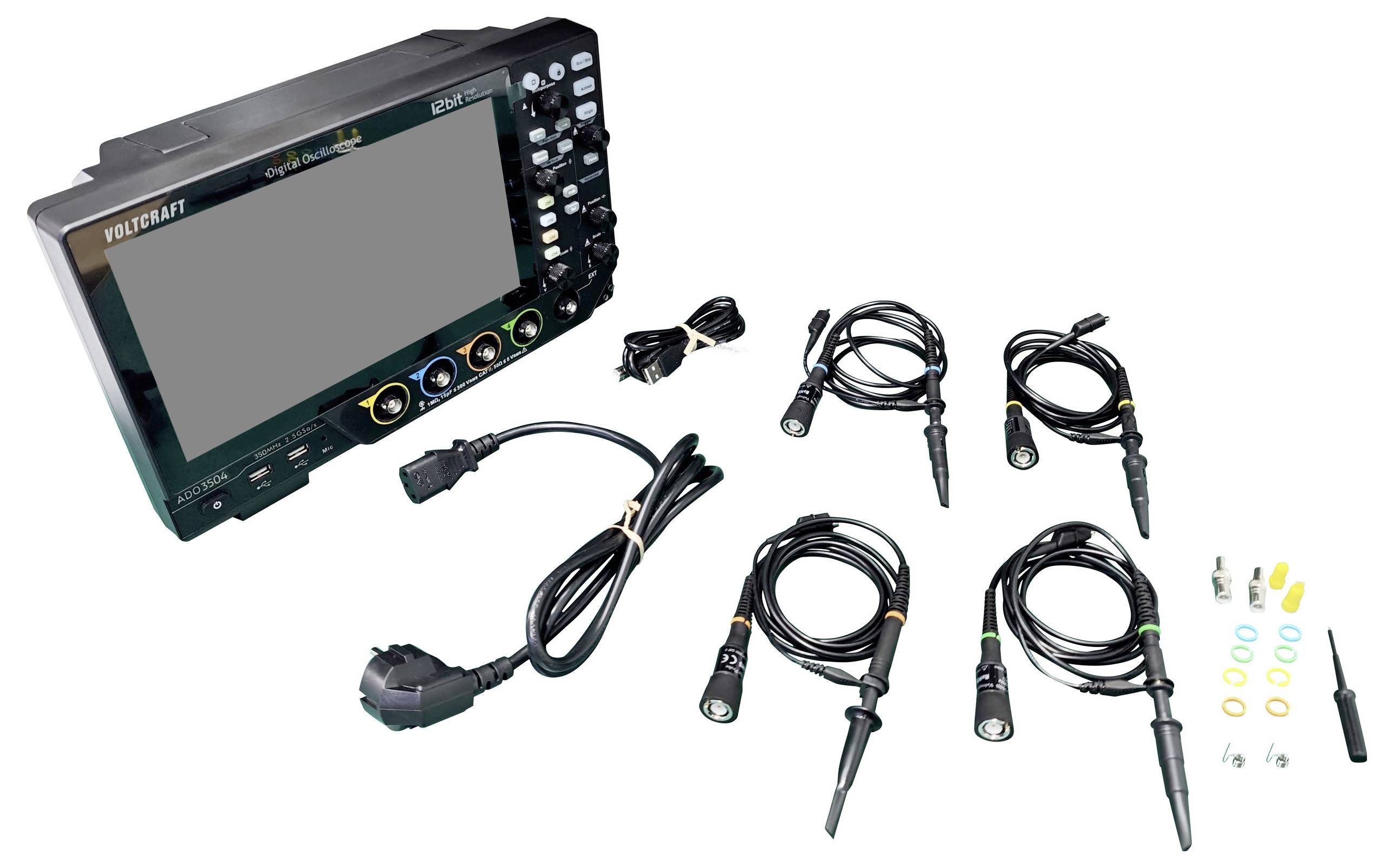 Digitales Oszilloskop mit einem Bildschirm und mehreren Tastern, Anschlüssen und Zubehörteilen, die für elektrische Tests ausgelegt sind.