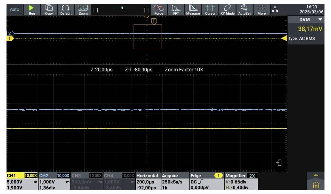 Oszilloskopbildschirm zeigt Zweikanal-Wellenform. Kanal 1: 5,00V, Kanal 2: 1,36div. Horizontal: 200,0µs/div, Abtastung: 250kSa/s.