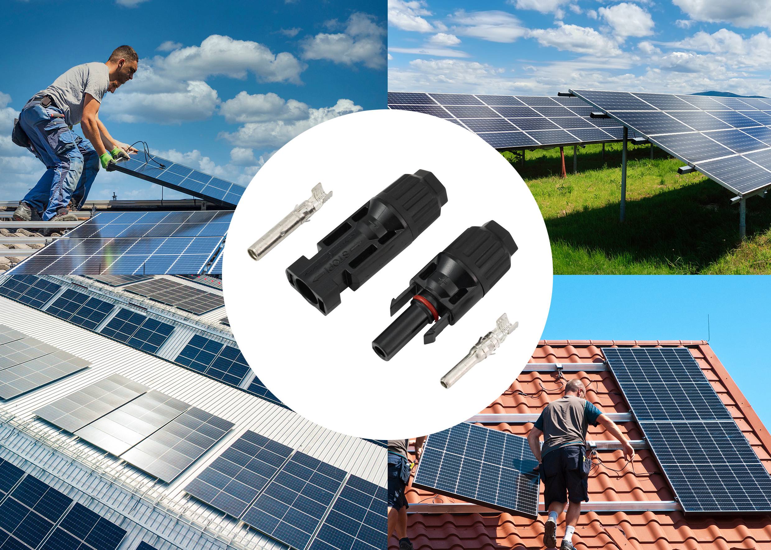 Collage von vier Bildern, die Solarpaneele auf Dächern und Feldern zeigen, mit einem zentralen Fokus auf Solarverbindungskomponenten.
