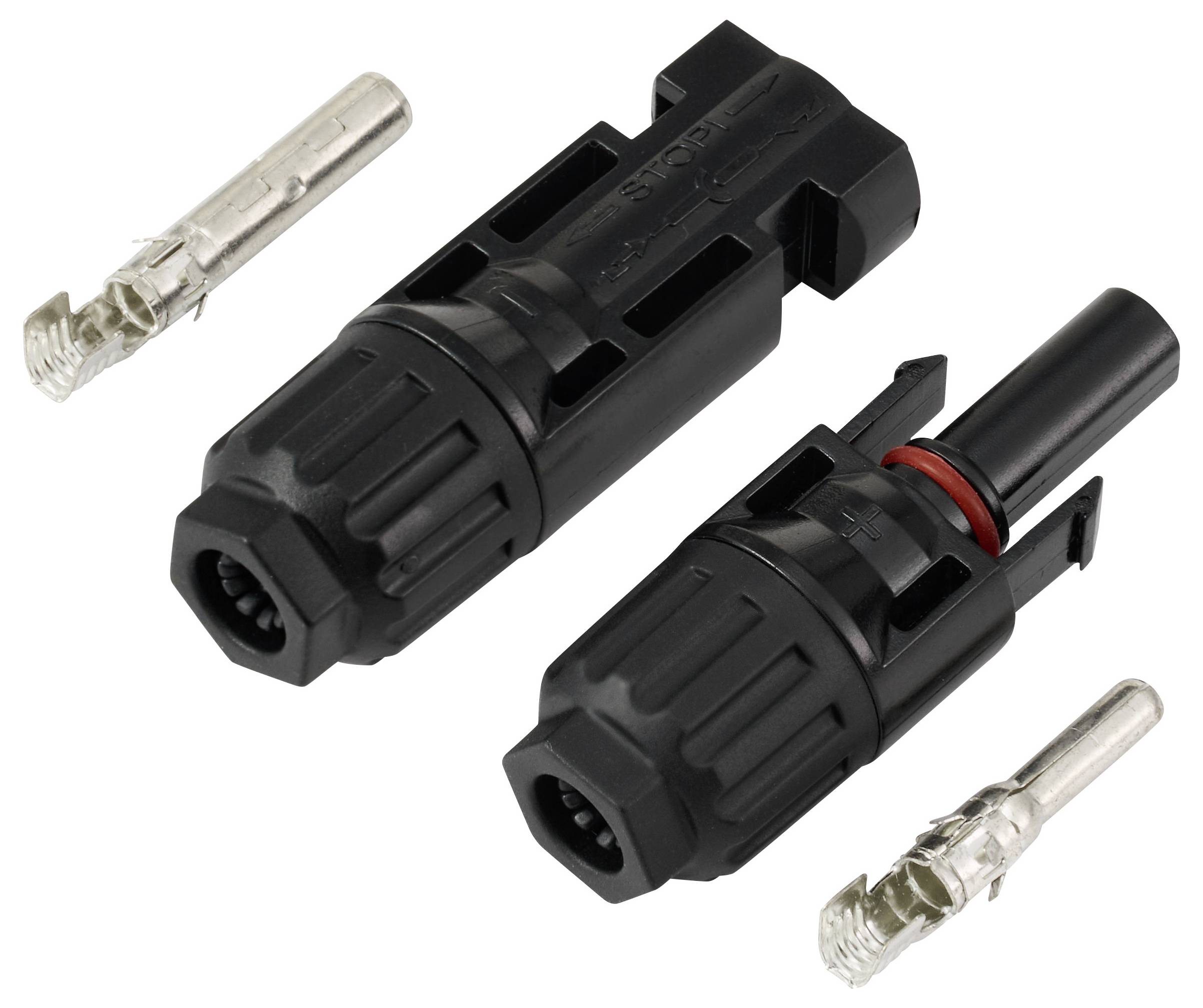 "MC4-Steckverbinder und Stifte" mit Darstellung eines männlichen und weiblichen Steckverbindersatzes mit entsprechenden Metallstiften, die in Solarmodul-Verbindungen verwendet werden.