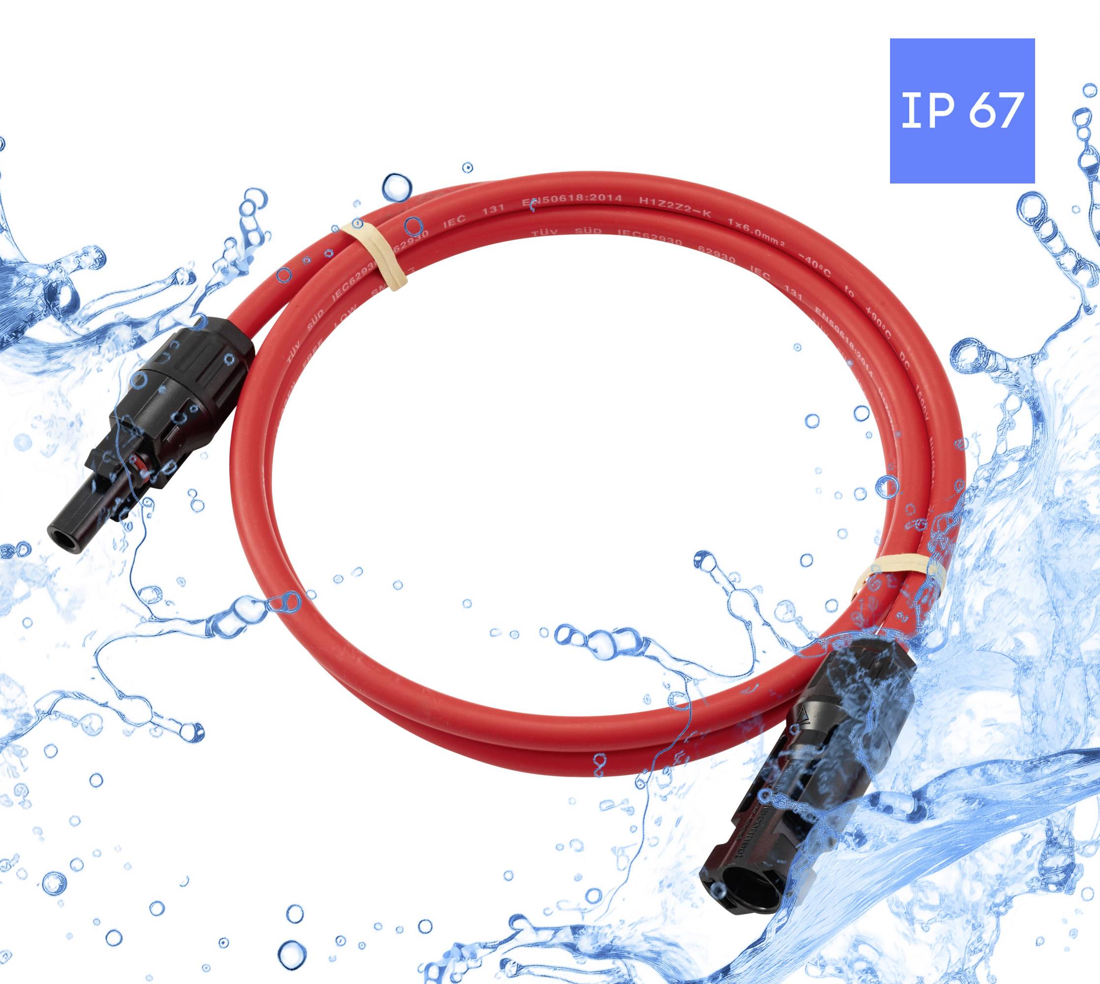 Rotes Solarverlängerungskabel mit schwarzen Anschlüssen, mit IP 67 gekennzeichnet, umgeben von spritzendem Wasser, was auf Wasserdichtigkeit hinweist.