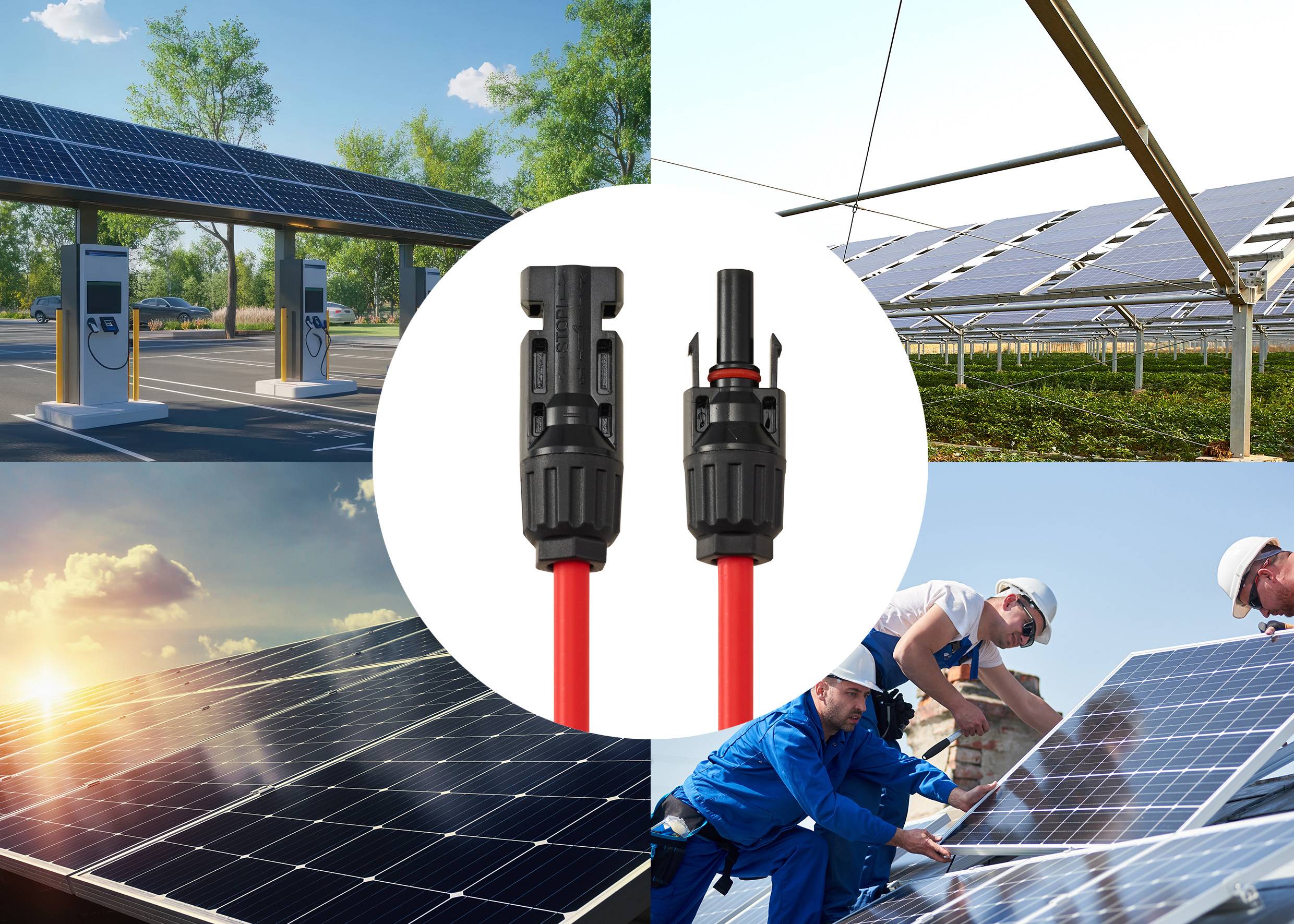 Collage der Solarenergie: Ladestationen, Solarpanels in Feldern, Anschlüsse und Arbeiter, die Panels installieren.