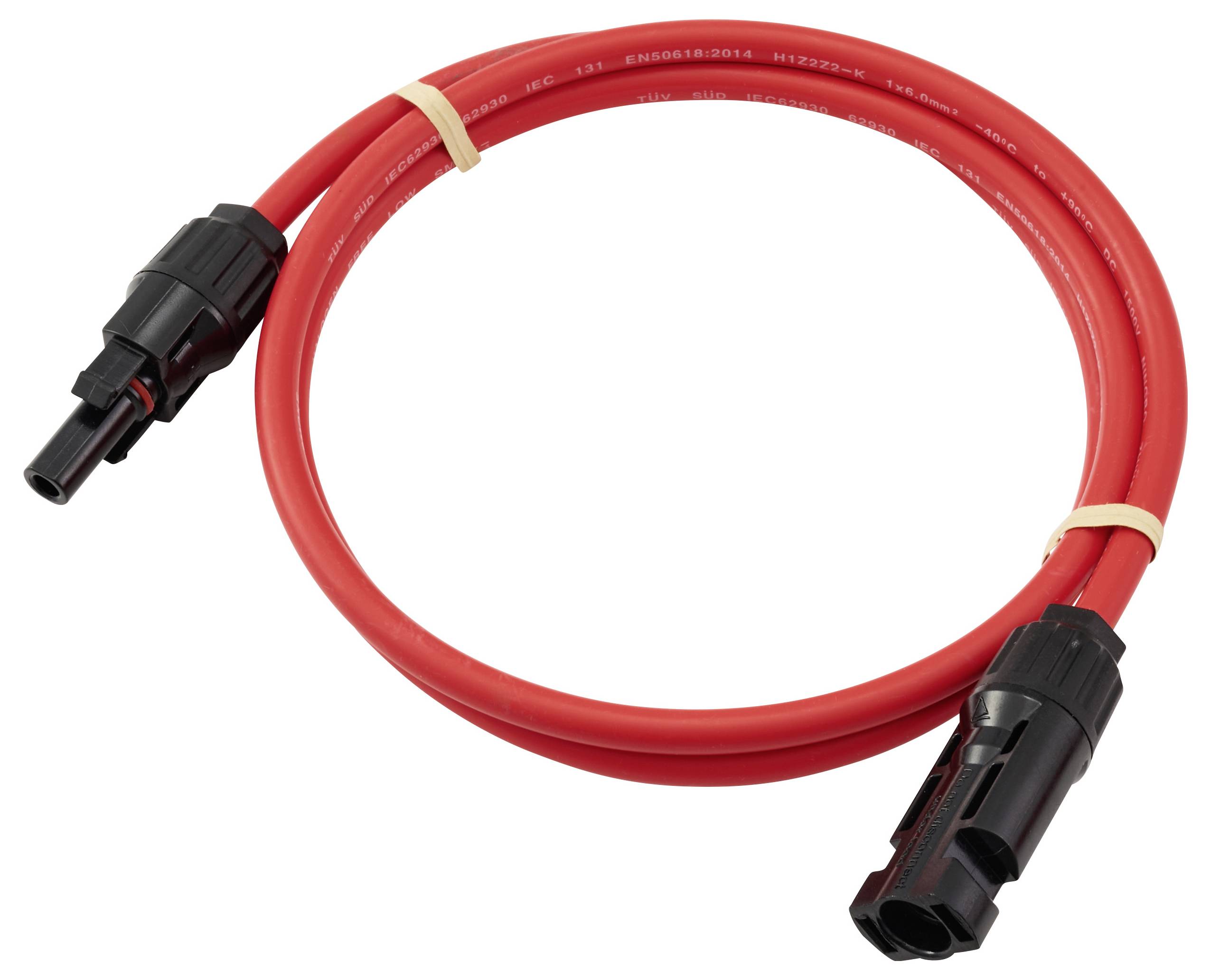 Ein roter elektrischer Kabel mit Anschlüssen an beiden Enden, aufgewickelt und mit einem Gummiring gesichert, verwendet für Solarmodul-Verbindungen.