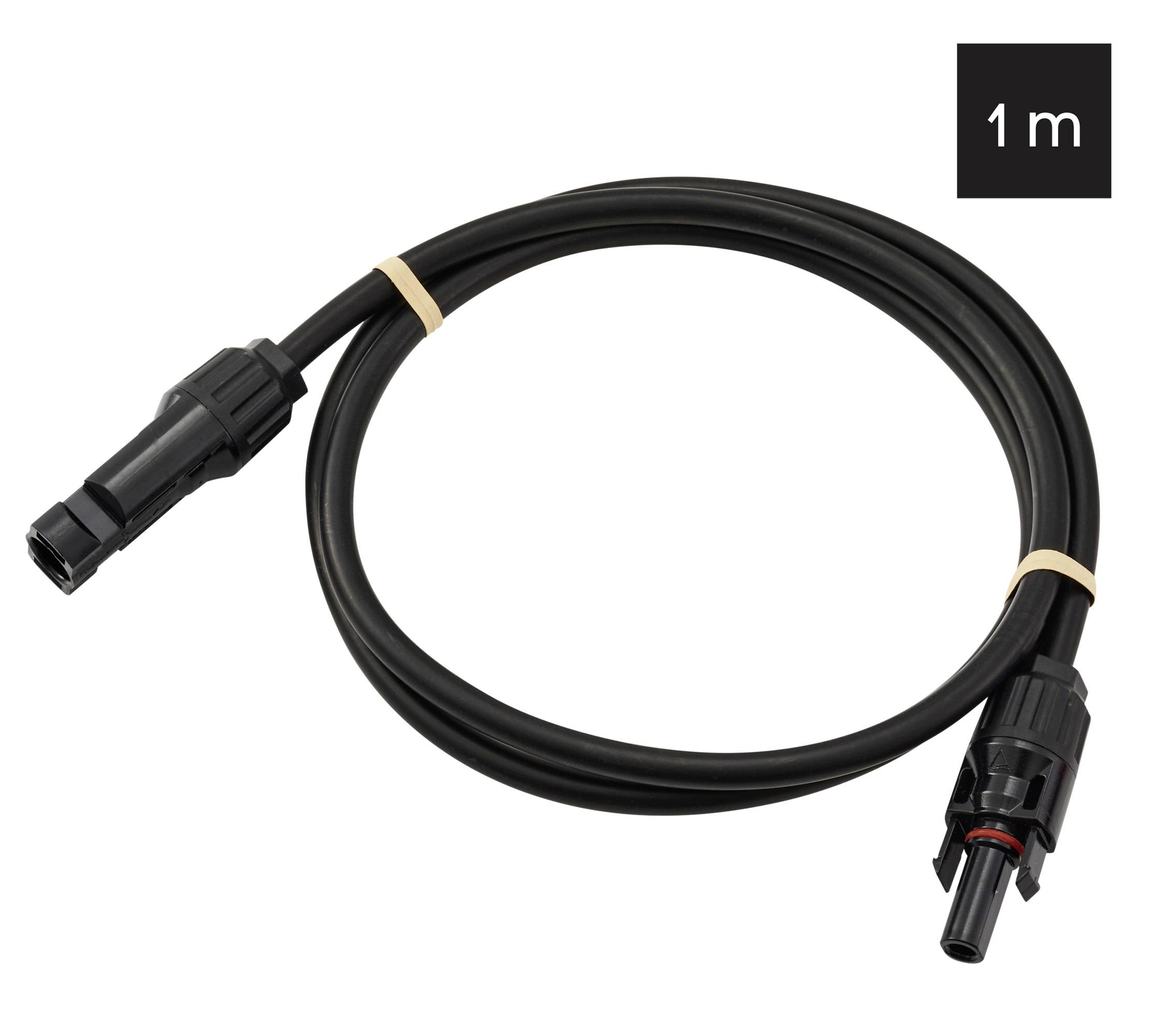 Ein schwarzes 1-Meter-Kabel mit Anschlüssen an beiden Enden, mit einem Gummiband aufgewickelt.