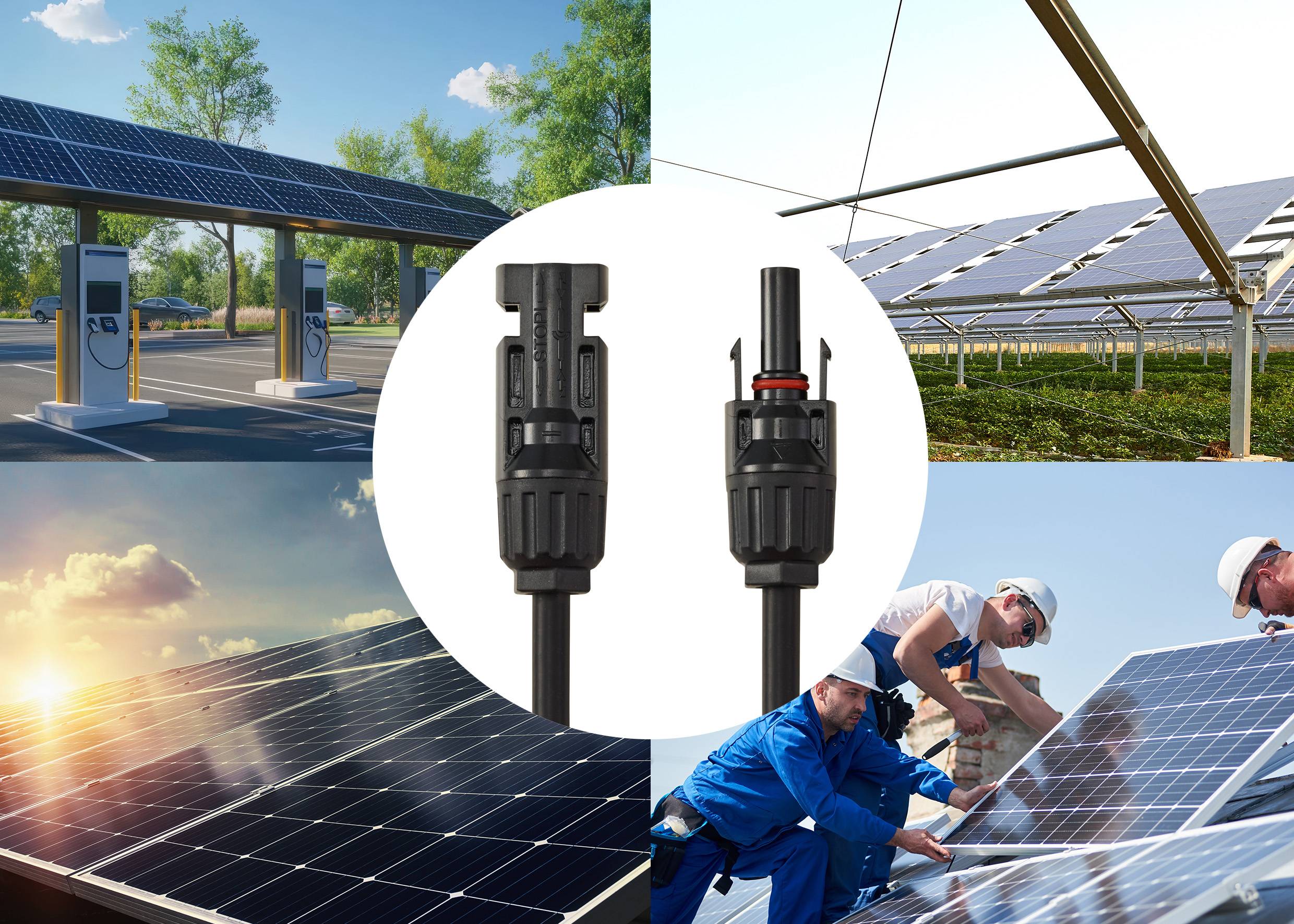 Eine Collage mit Solarplatten in verschiedenen Installationen und zwei Verbindungssteckern in der Mitte. Arbeiter montieren Panels in einem Bild.