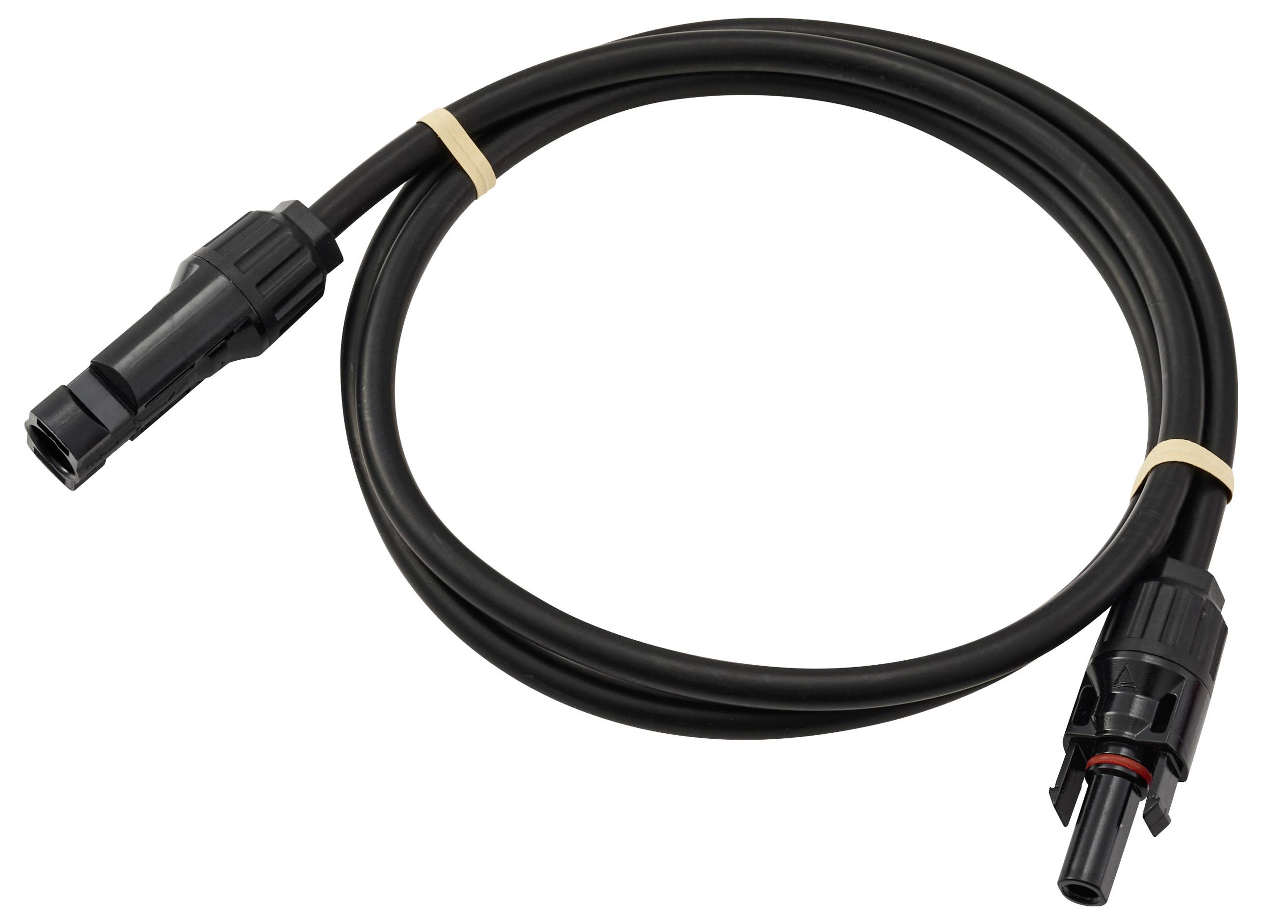 Ein schwarzes Kabel mit Anschlüssen an beiden Enden, mit einem Gummiring aufgewickelt, typischerweise für Solarmodul-Verbindungen verwendet.
