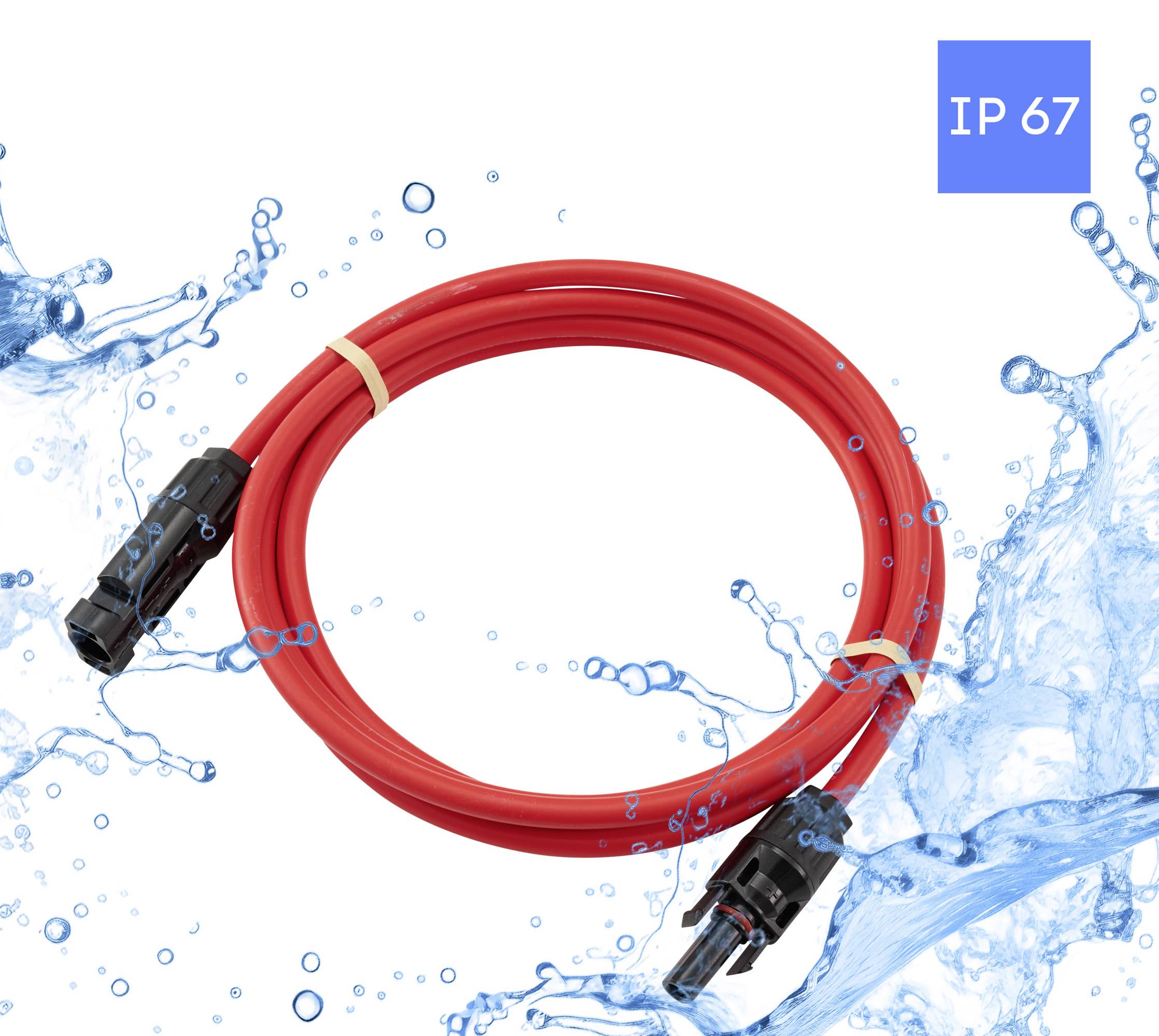 Wasserdichter roter Kabel mit schwarzen Anschlüssen, mit 'IP67' bewertet und mit Wasser bespritzt, was die Wasserbeständigkeit anzeigt.