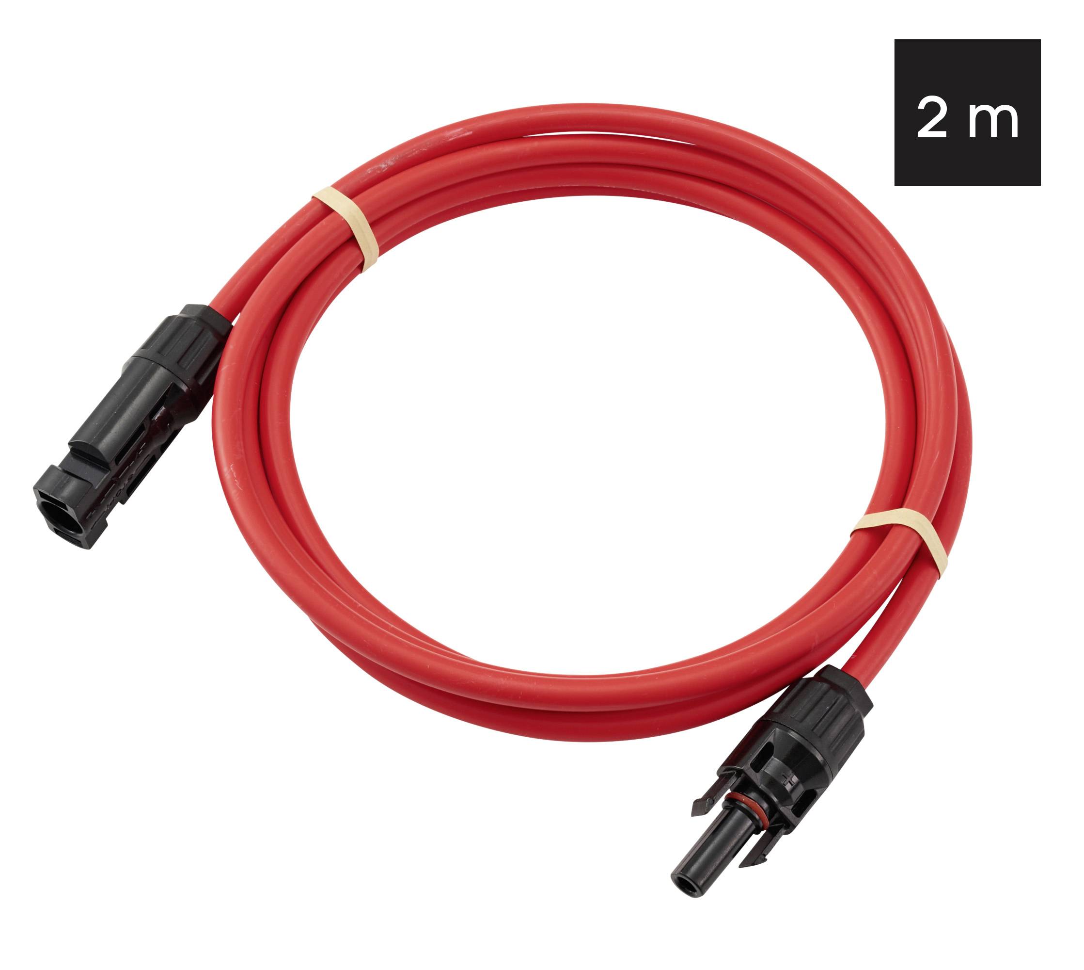 Ein roter 2-Meter-Elektrokabel, aufgerollt mit Anschlüssen an jedem Ende, mit Gummibändern gesichert, vor einem weißen Hintergrund.