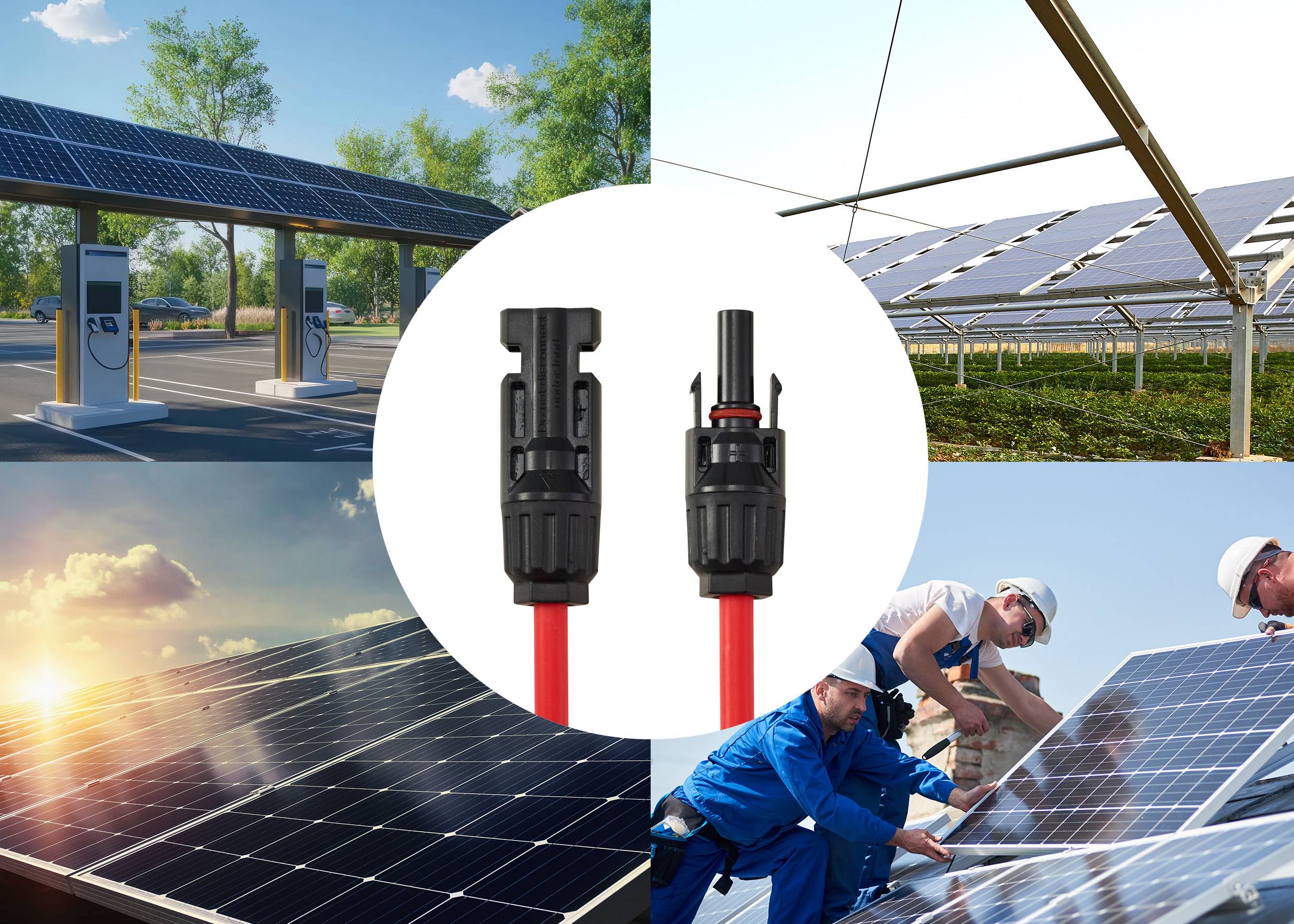 Collage von Solarpanels: Panels in der Nähe von Ladegeräten, Panels über Pflanzen, Panels bei Sonnenuntergang, Arbeiter bei der Installation von Panels; Verbinder zentral dargestellt.