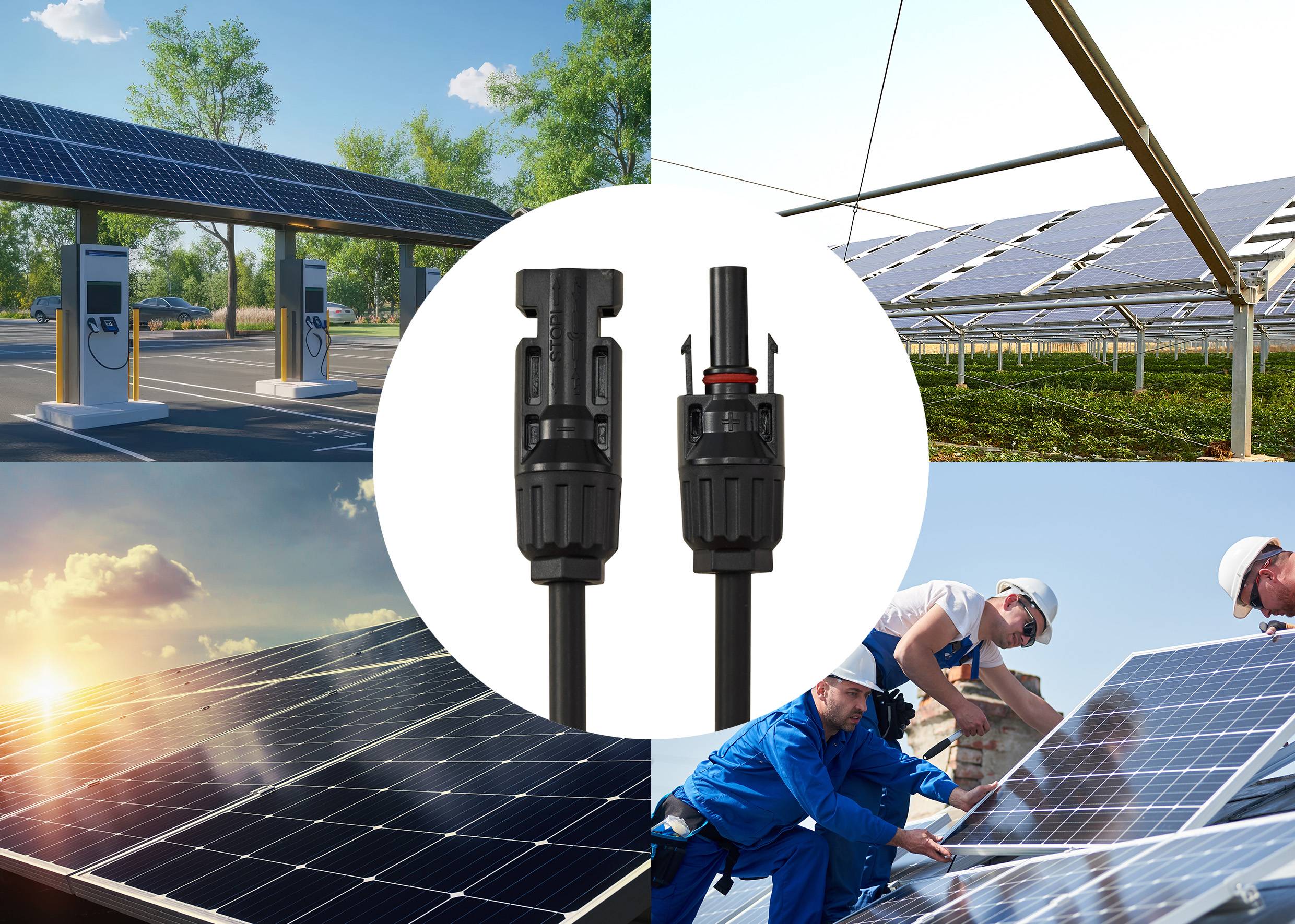 Vier Bilder von Solarzellen sind durch einen Kreis geteilt, der zwei Steckverbinder zeigt. Links oben sind Solarzellen mit Ladestationen abgebildet.
