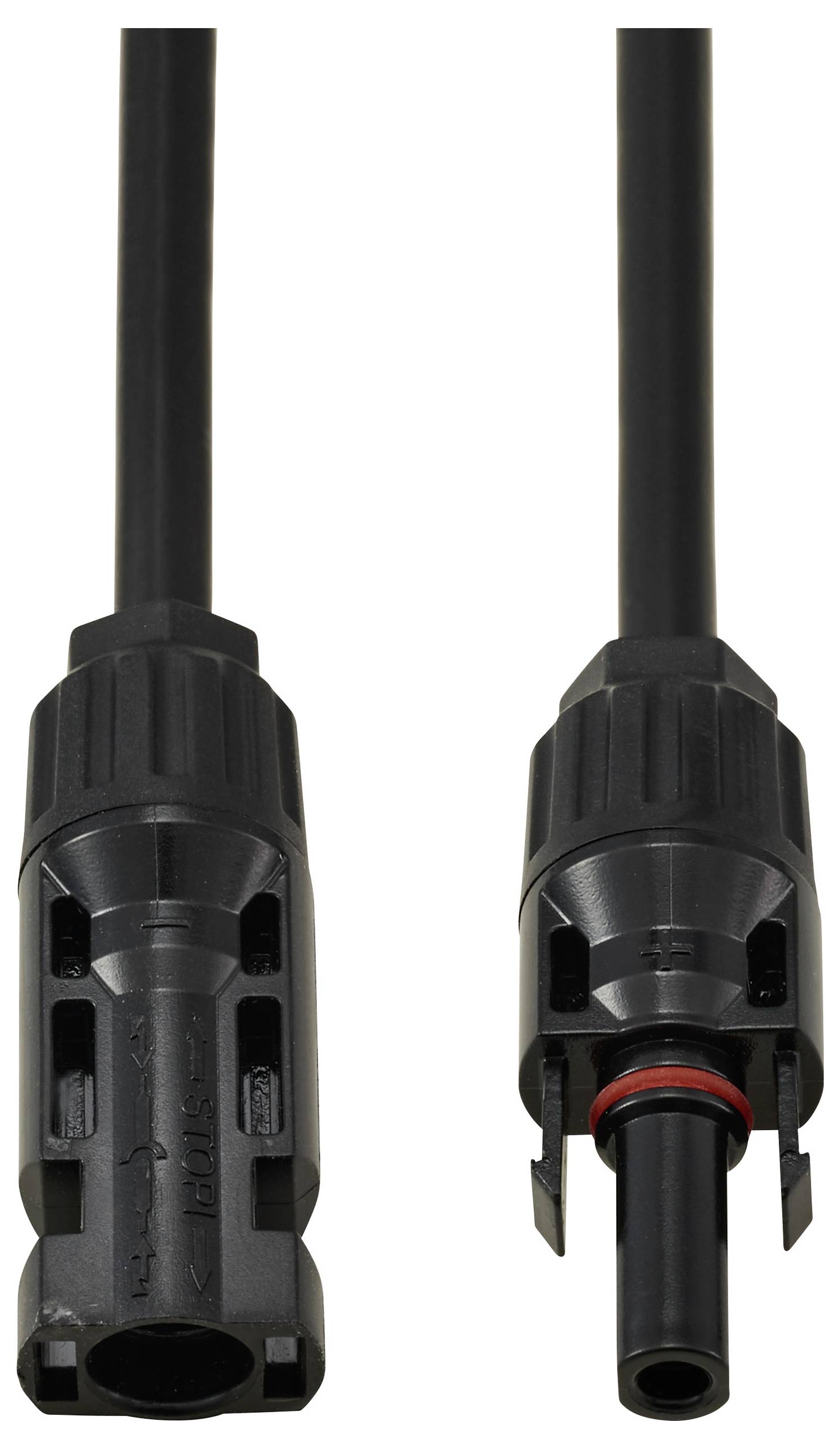 Zwei schwarze elektrische Anschlüsse auf kurzen Kabeln, die sich gegenüberliegen. Der linke Anschluss ist eine Buchse (weiblich), und der rechte ist ein Stecker (männlich).