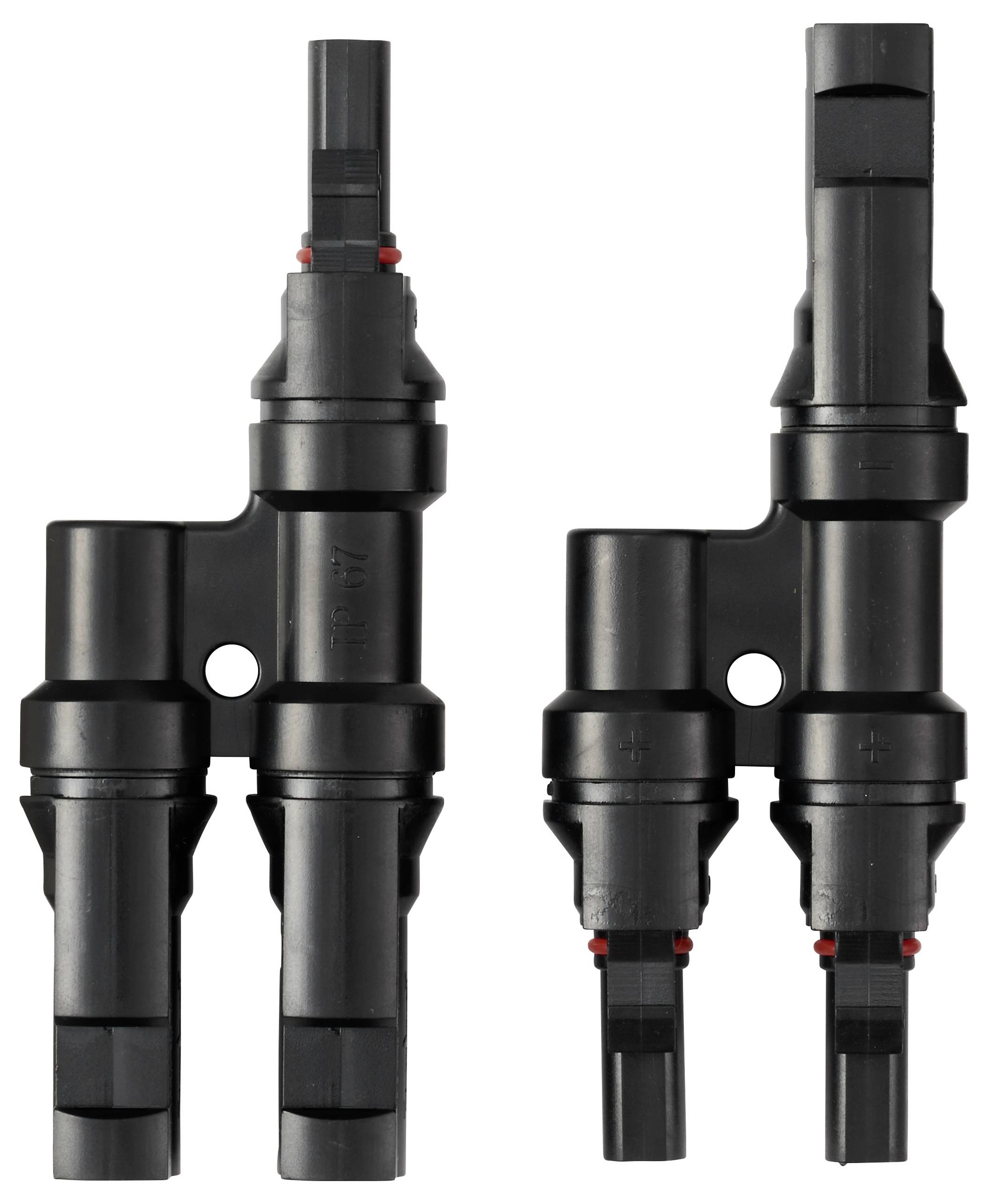 Zwei schwarze Kunststoff-Isolierverbinder, die zur Verbindung von elektrischen Kabeln entwickelt wurden und mehrere Einstecksektionen für vielseitige Anschlüsse aufweisen.