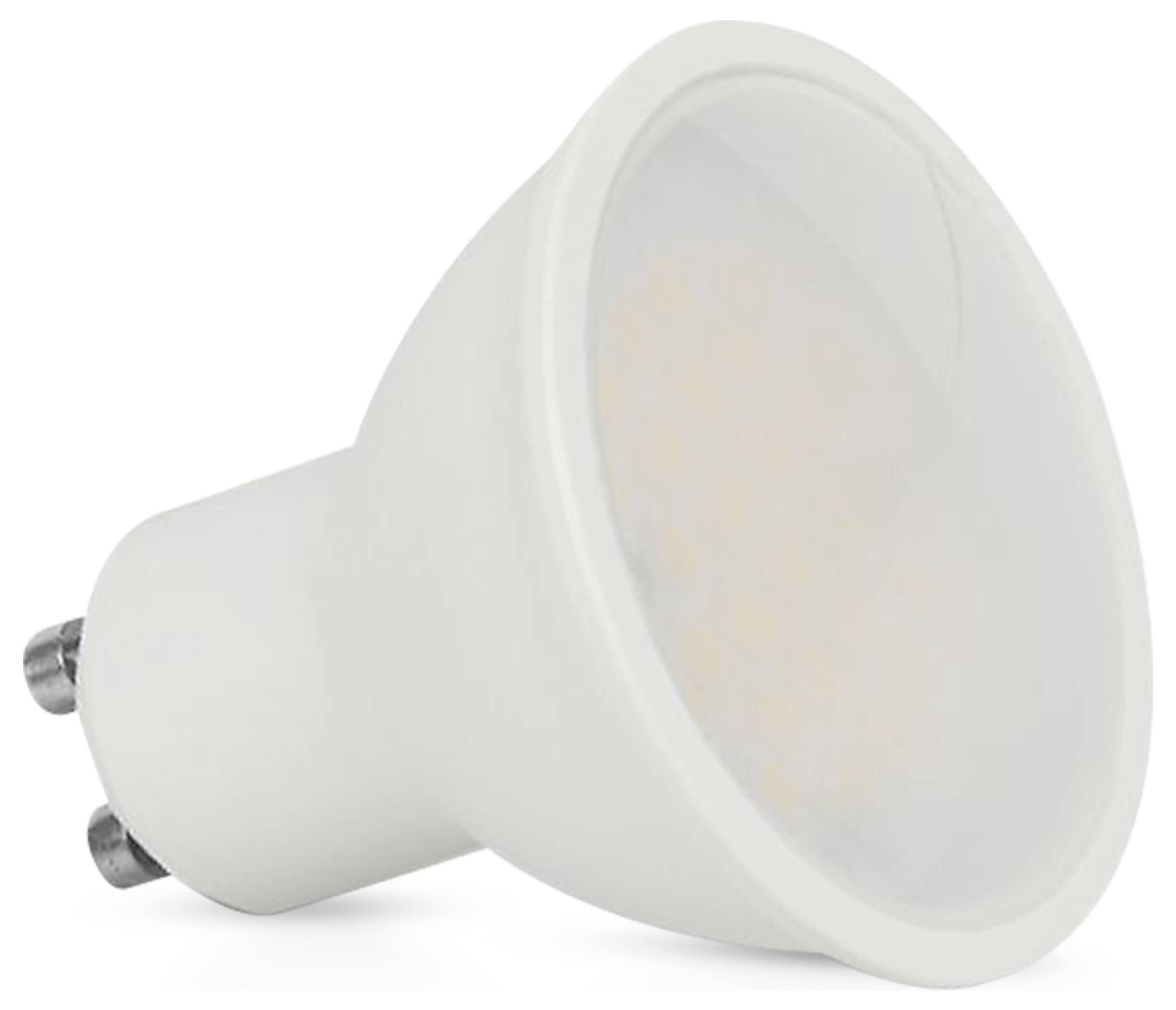 Weiße LED-Glühbirne mit GU10-Sockel, schräg von der Seite präsentiert.