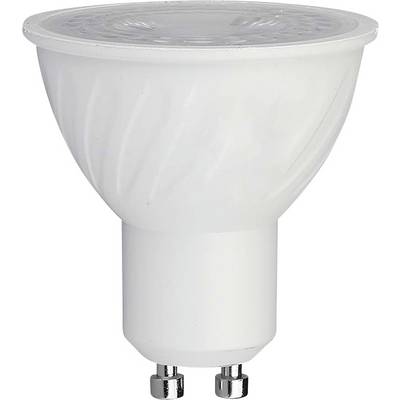 Eine weiße LED-Glühbirne mit GU10-Sockel, in Seitenansicht dargestellt, entwickelt für effiziente Energienutzung in Wohn- und Gewerbebeleuchtung.
