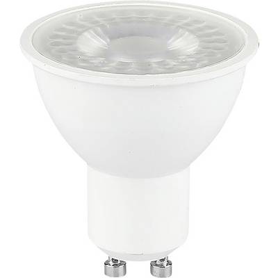 Eine einzelne weiße LED-Glühbirne mit einer kreisförmigen, gerippten Oberfläche und zwei Metallkontakten an der Basis.