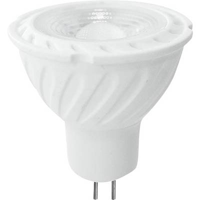 Eine weiße LED-Glühbirne mit gerippter Seitenstruktur, ausgestattet mit einer GU10-Fassung mit zwei Stiften zum Einsetzen in eine Lampenfassung.
