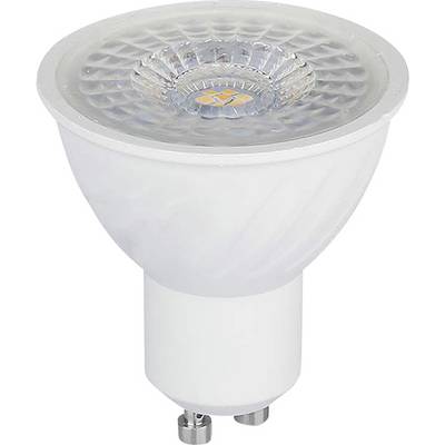 Eine Nahaufnahme einer LED-Spotlampe mit GU10-Sockel, die ihre reflektierende Oberfläche und kompaktes Design für energieeffiziente Beleuchtung zeigt.