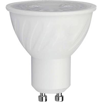 Eine einzelne LED-Glühbirne mit GU10-Sockel, in Seitenansicht dargestellt, die ihr kompaktes, energieeffizientes Design hervorhebt.