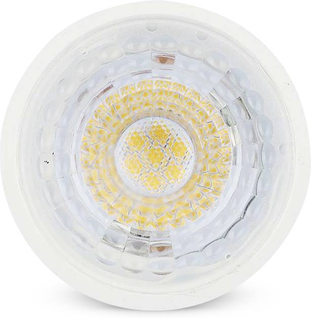 Eine weiße LED-Glühbirne mit GU10-Sockel, die für energieeffiziente Beleuchtung verwendet wird, ist vor einem einfarbigen Hintergrund zu sehen.