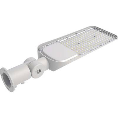 Eine silberne LED-Straßenlaterne mit einer rechteckigen Anordnung kleiner Lichter und einer Montageschiene an einem Ende, konzipiert für den Außeneinsatz.