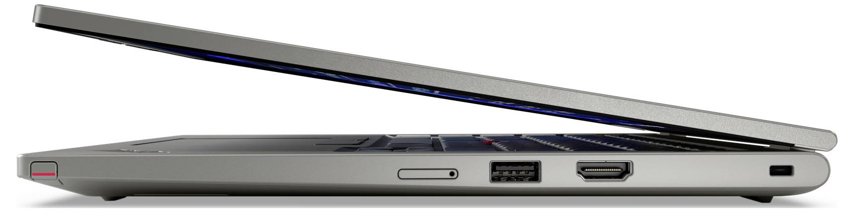 Ein silberner Laptop aus Seitenansicht, teilweise geöffnet, mit sichtbaren USB- und HDMI-Anschlüssen, einem Knopf und Belüftungsöffnungen.