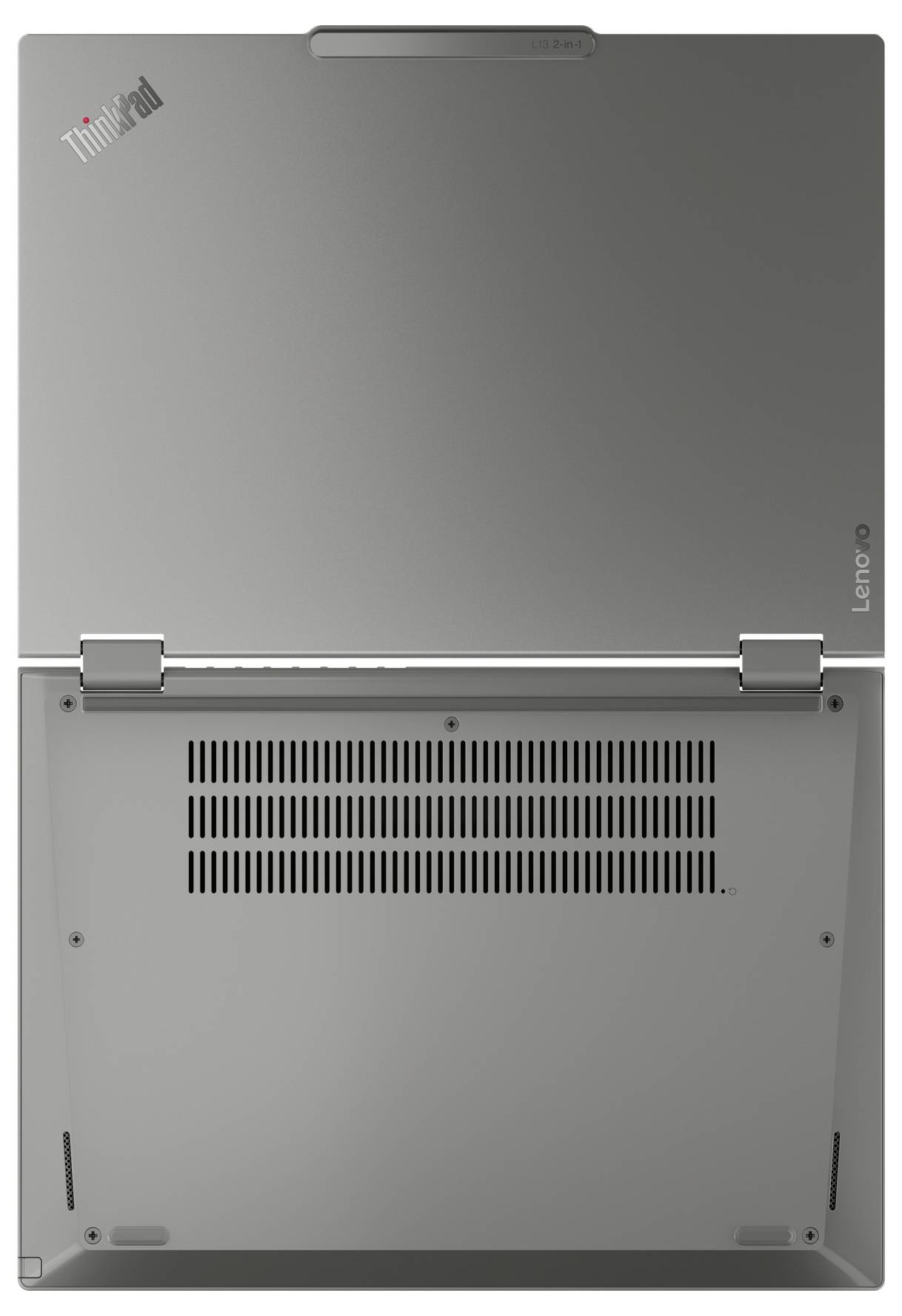 Rückansicht eines grauen Lenovo ThinkPad Laptops, die das robuste Scharnier, die Lüftungsschlitze und Markenlogos zeigt und dessen Designmerkmale hervorhebt.