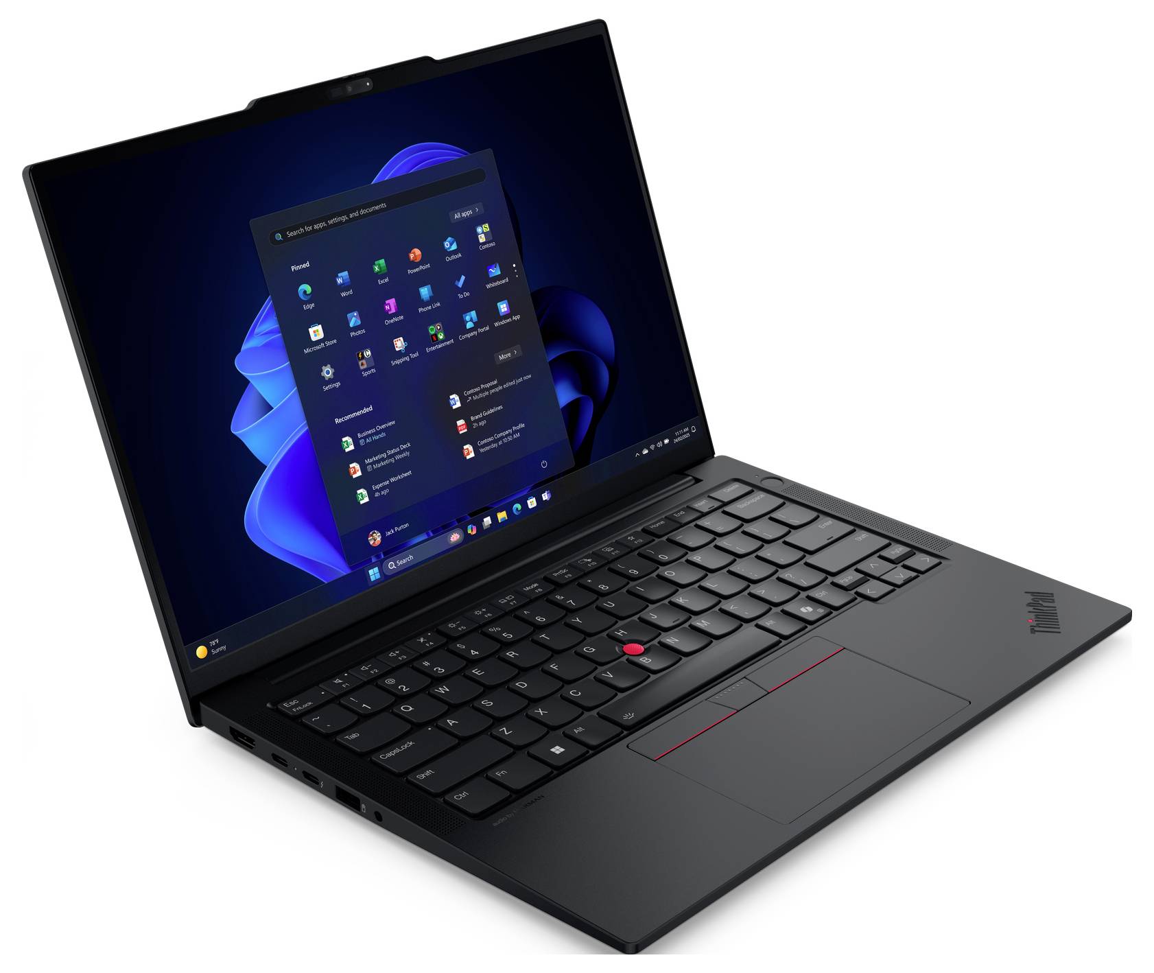 Ein schlankes schwarzes Laptop, das ein Windows-Betriebssystem mit geöffnetem Startmenü auf dem Bildschirm zeigt.