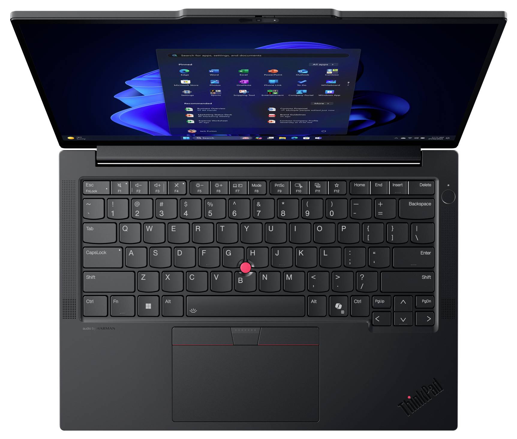 Ein Laptop aus Vogelperspektive mit einer vollständigen Tastatur, einem roten Trackpoint, Touchpad und einem geöffneten Bildschirm, der eine Softwareoberfläche zeigt.