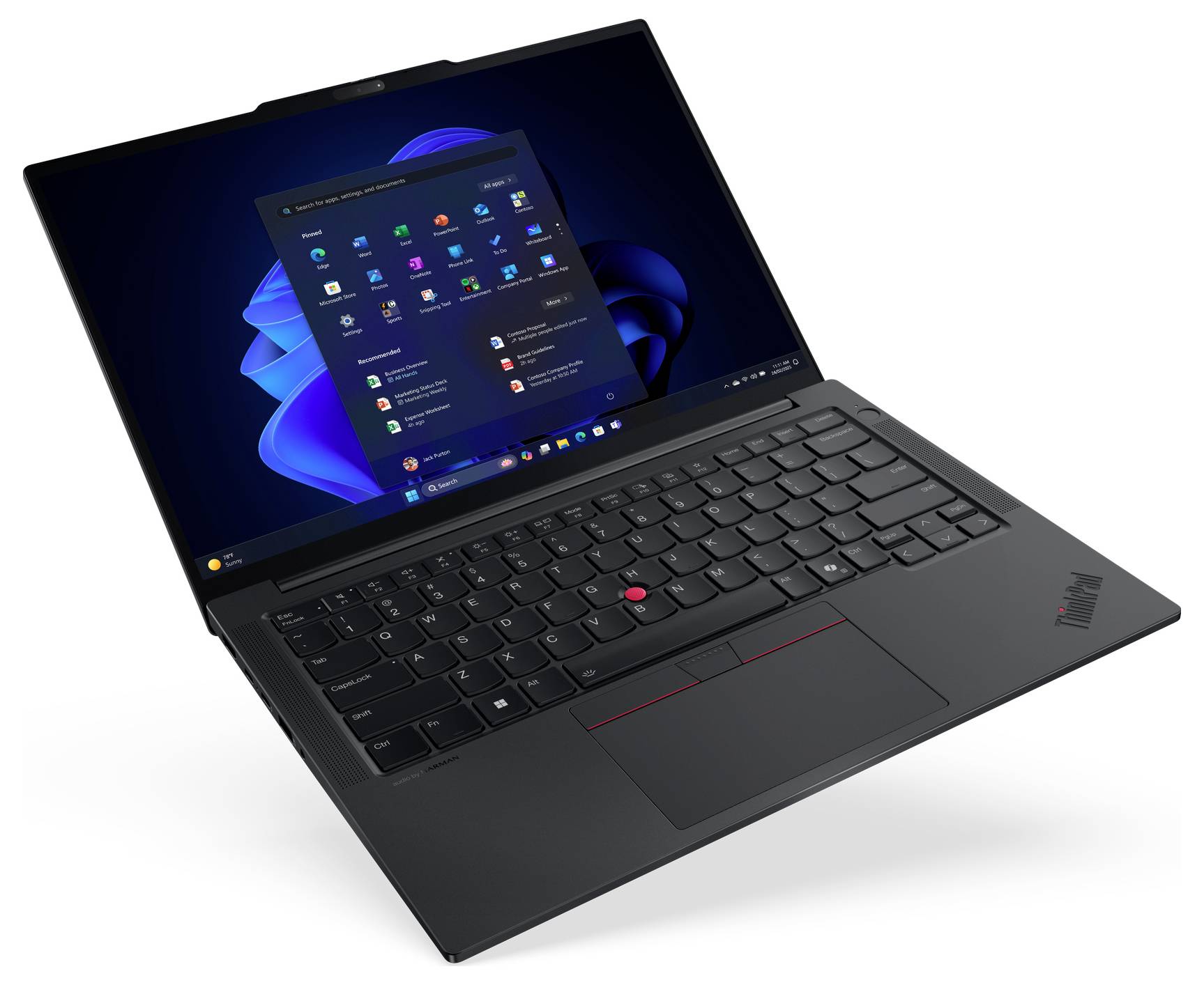 Ein schlankes schwarzes Laptop mit dem Windows 11 Startmenü auf dem Bildschirm, ausgestattet mit einer vollständigen Tastatur und einem Touchpad.
