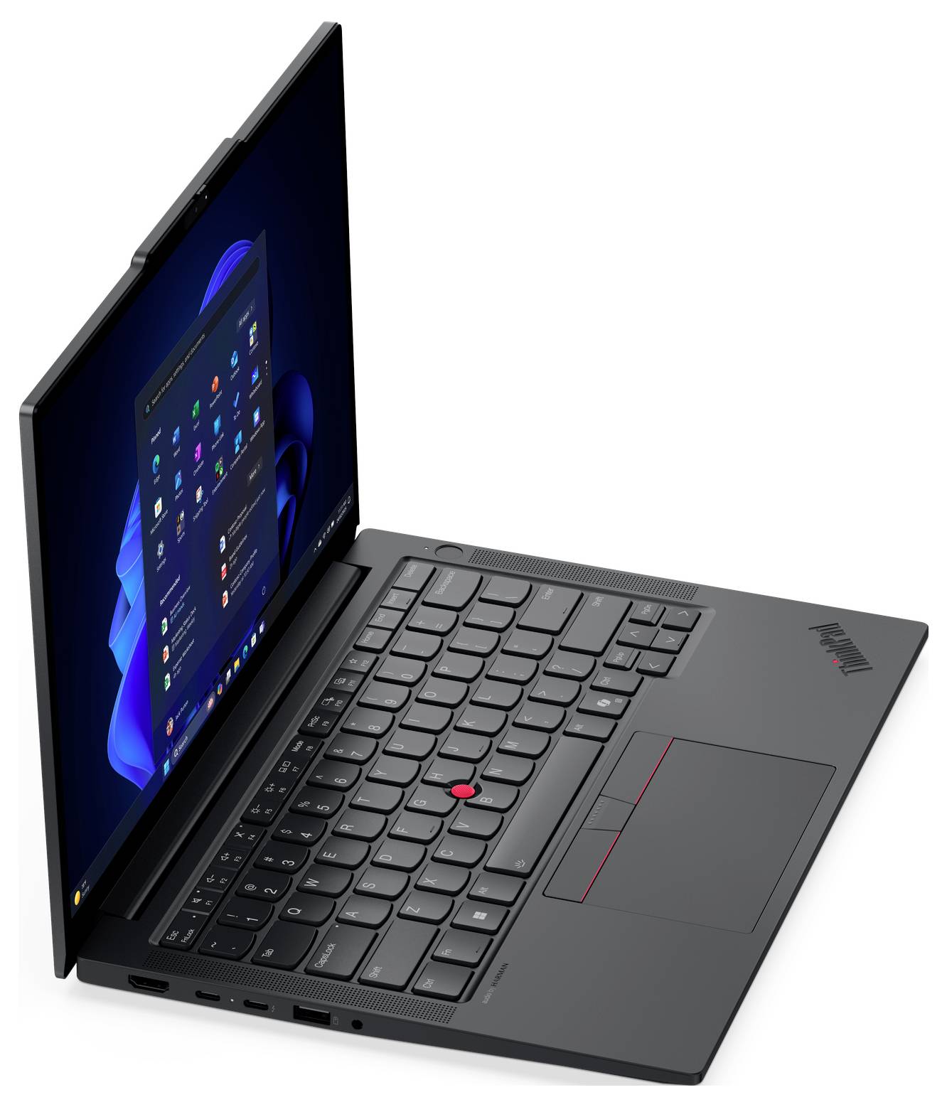 Ein Laptop, teilweise geöffnet, zeigt eine Tastatur, ein Trackpad und einen Bildschirm mit Desktop-Icons, vor einem hellen Hintergrund.
